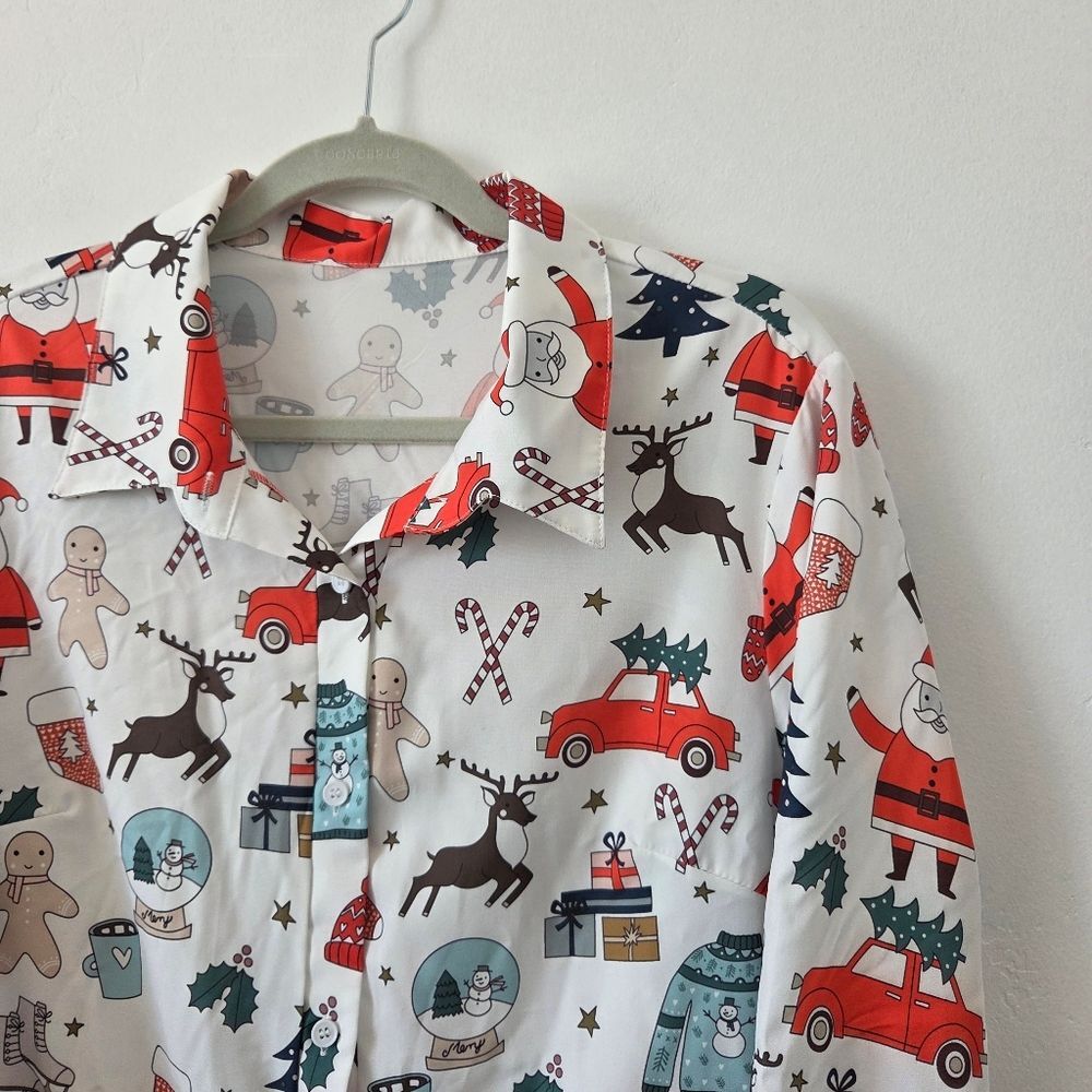 Christmas Blouse Top Santa Reindeer Gingerbread Man Sweater Tree Winter Holiday